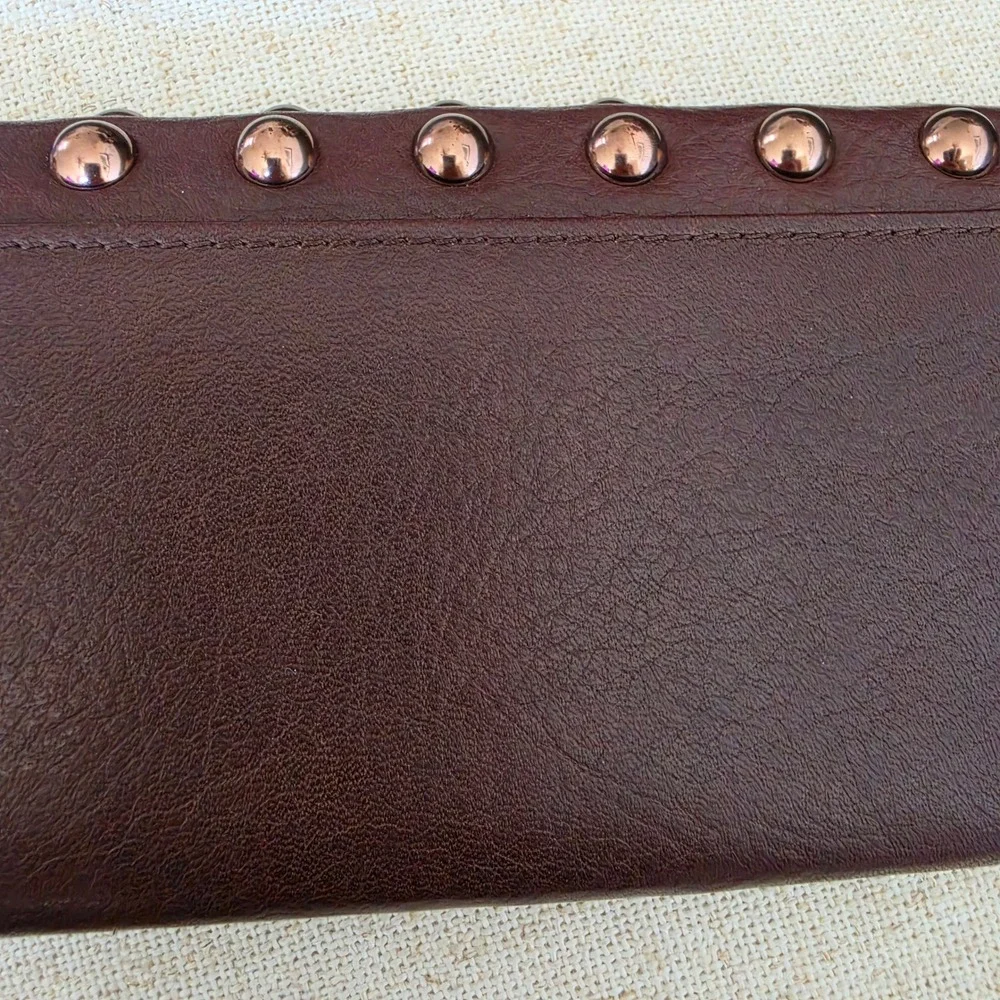 B Makowsky Brown Leather Studded Continental Wallet Leopard Print Lining
